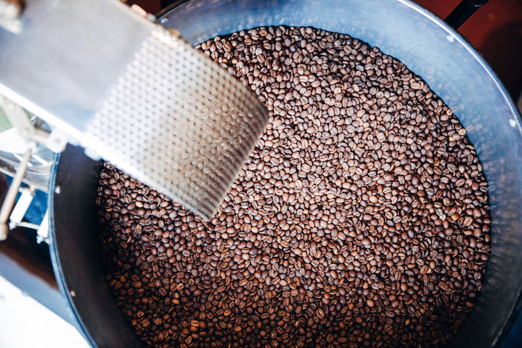 Large batch of coffee in roaster